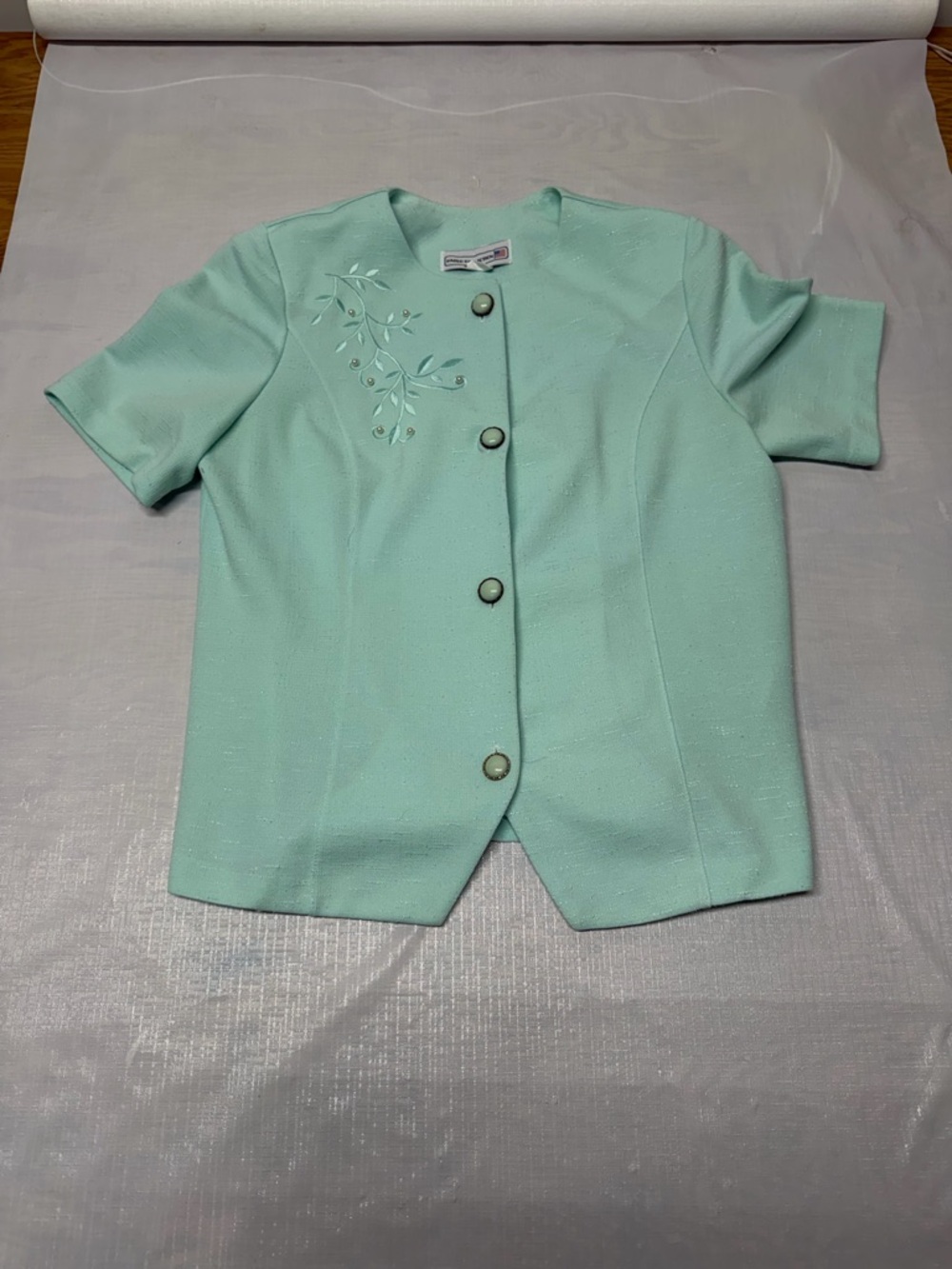 Mint Short-Sleeve Button-Front Top with Embroidered Detail
